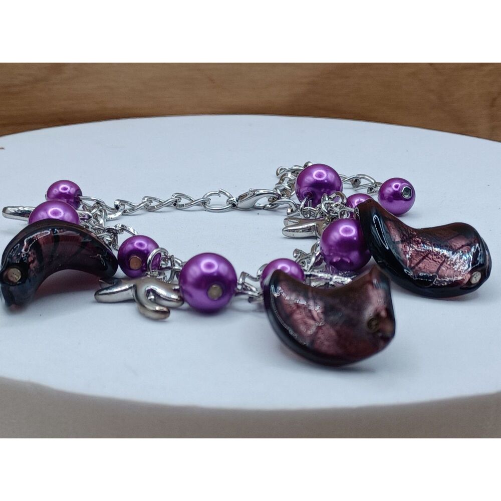 Vintage Purple Twist Glass Beads Dragonfly Dangle Fairy Anklet Charm Bracelet